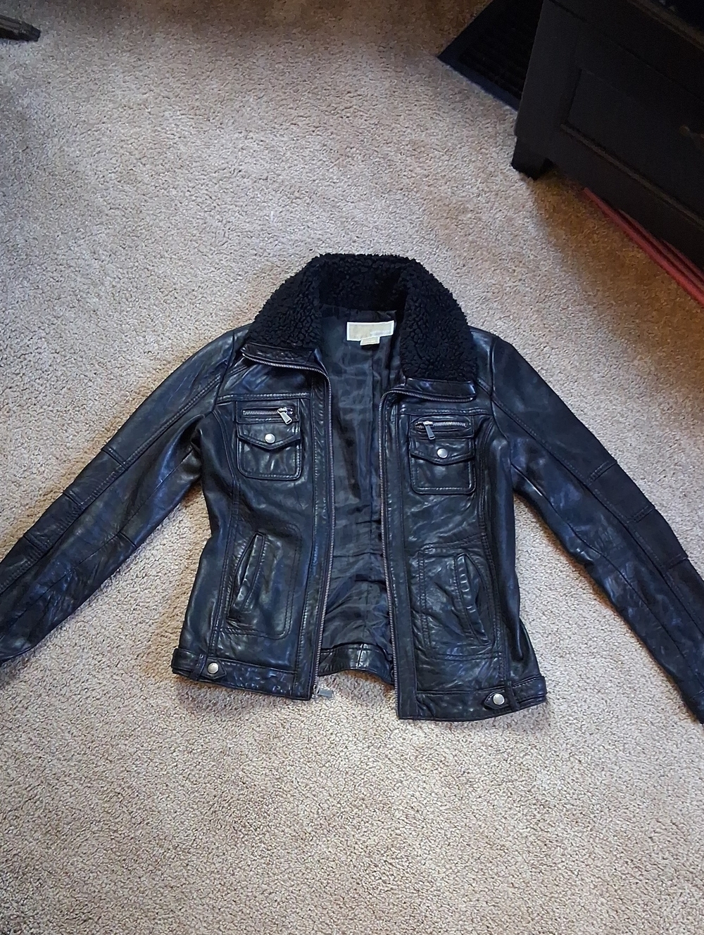 Michael Kors Black Leather Jacket with Sherpa Collar